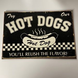 Metal hot dog sign